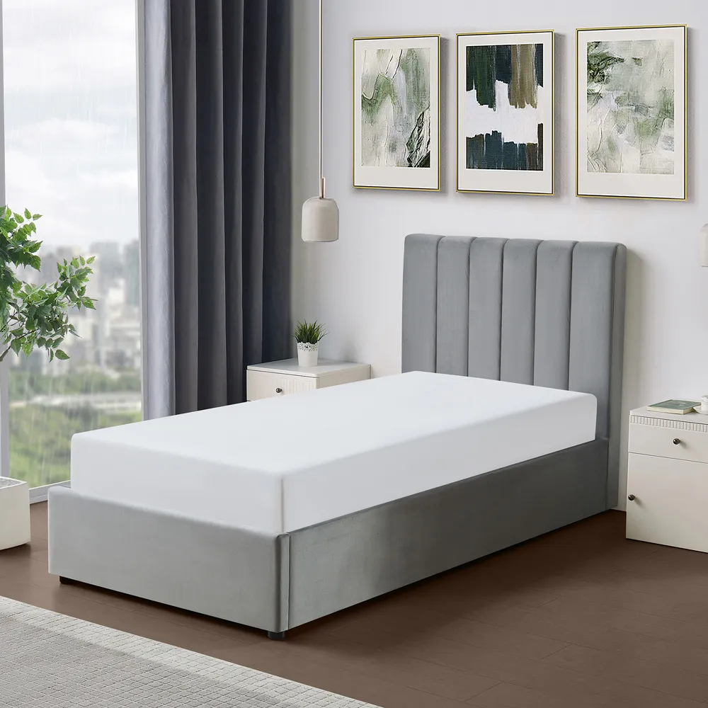 Corwin Single Ottoman Bed with Storage - Grey, Velvet