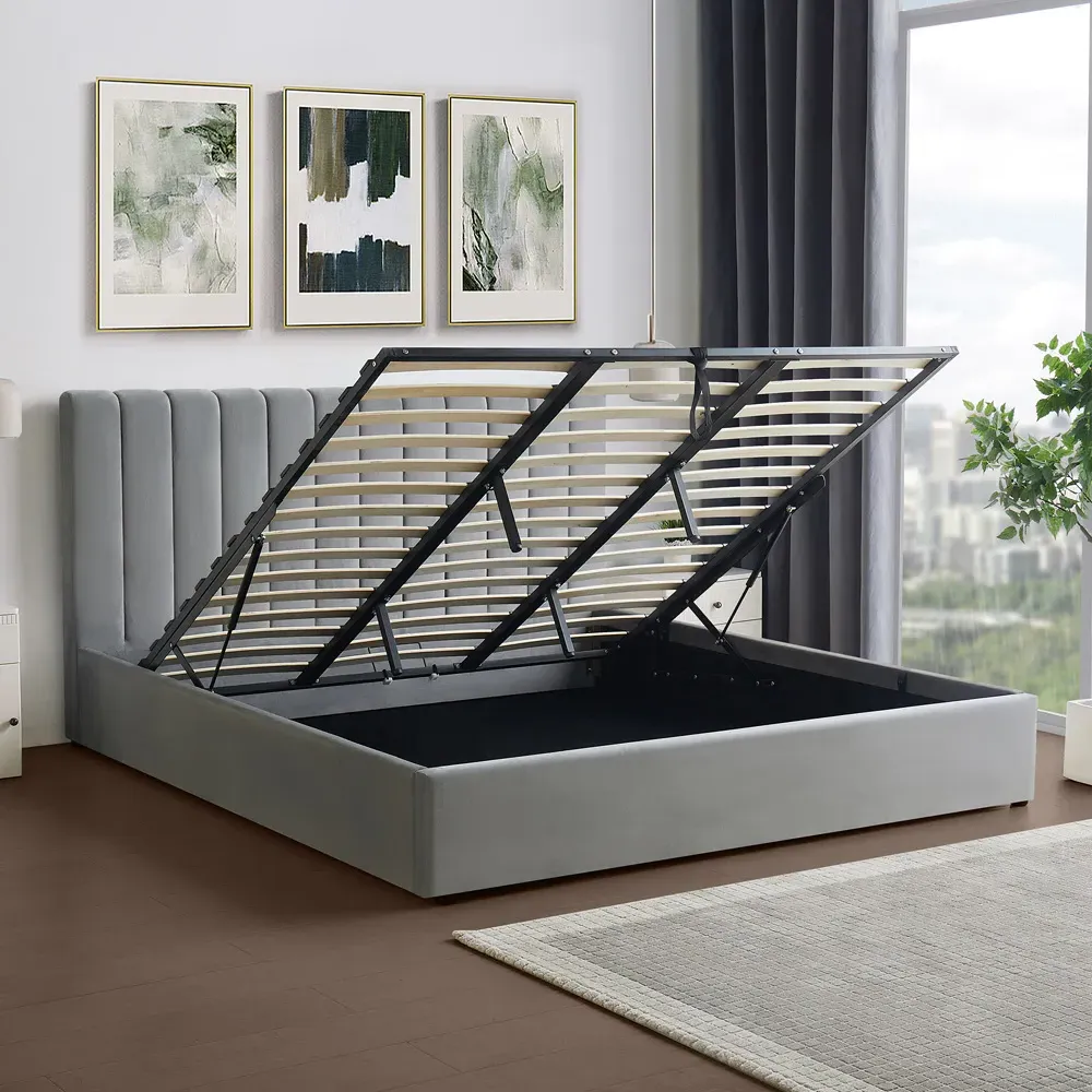 Corwin Super King Ottoman Bed with Storage - Grey, Velvet