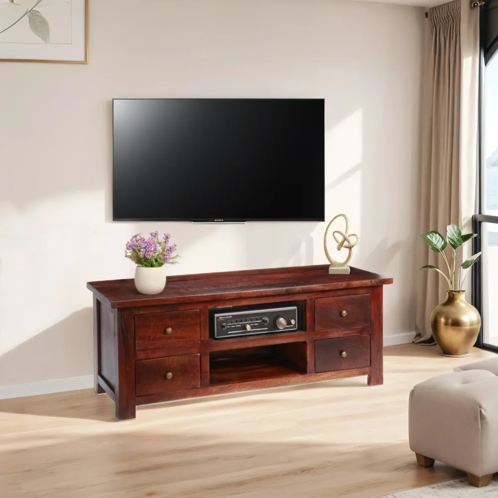 Esma 4 Drawer TV Unit - Brown, Mango Wood
