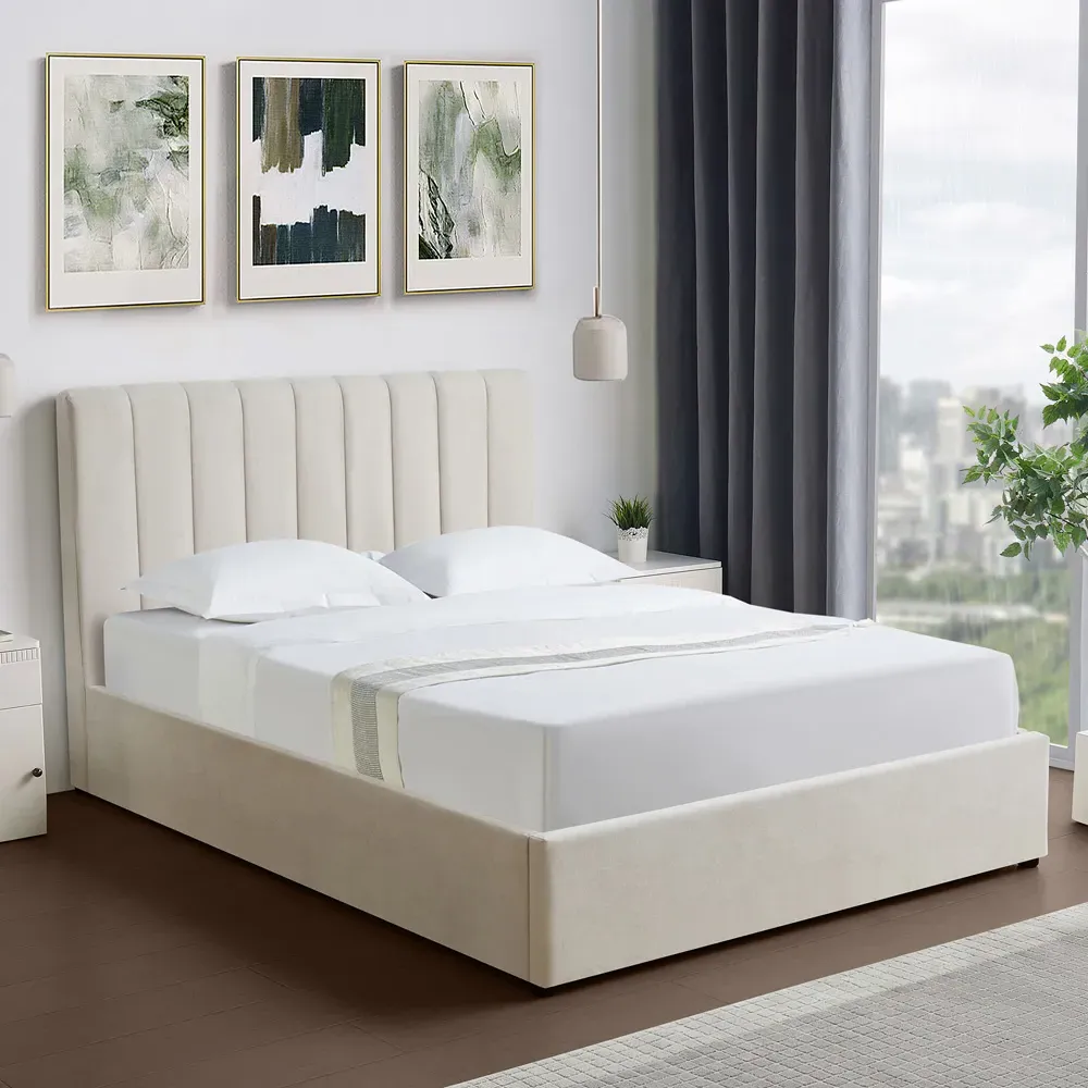 Evelynne Double Ottoman Bed with Storage - Beige, Linen