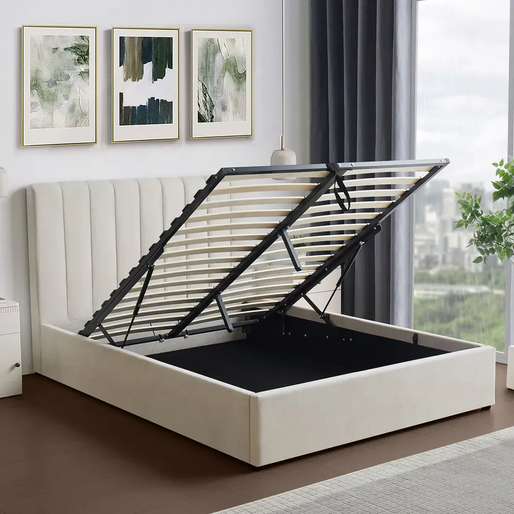 Evelynne Double Ottoman Bed with Storage - Beige, Linen