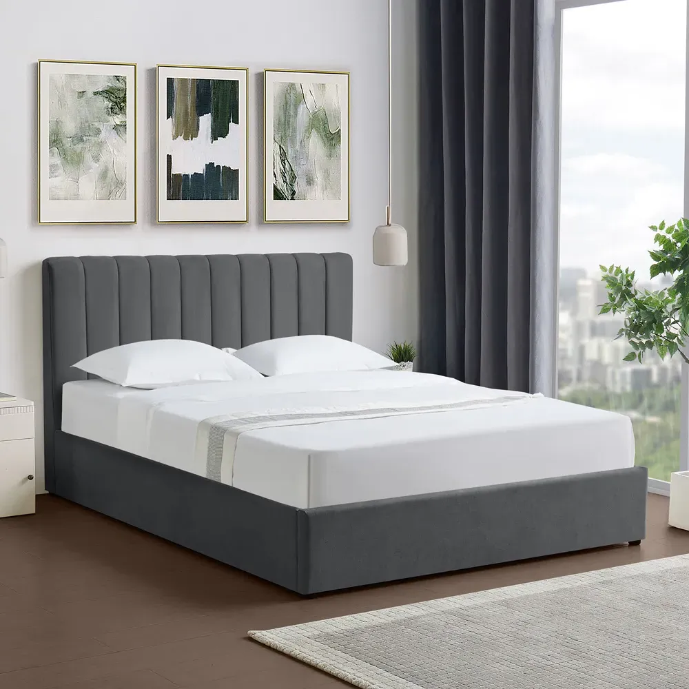 Evelynne King Size Ottoman Bed with Storage - Dark Grey, Linen