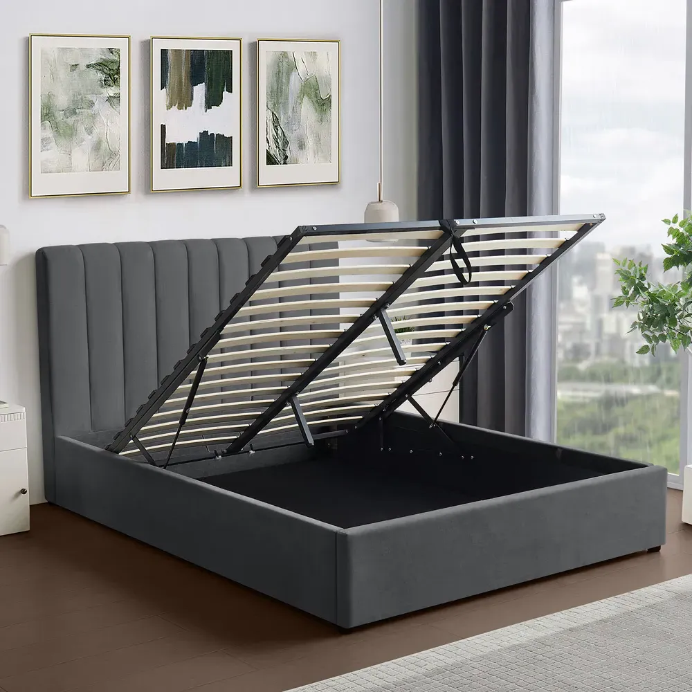 Evelynne King Size Ottoman Bed with Storage - Dark Grey, Linen