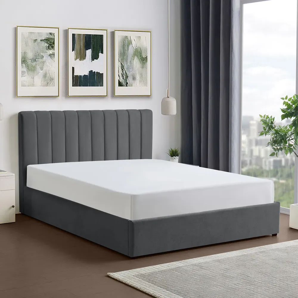 Evelynne King Size Ottoman Bed with Storage - Dark Grey, Linen