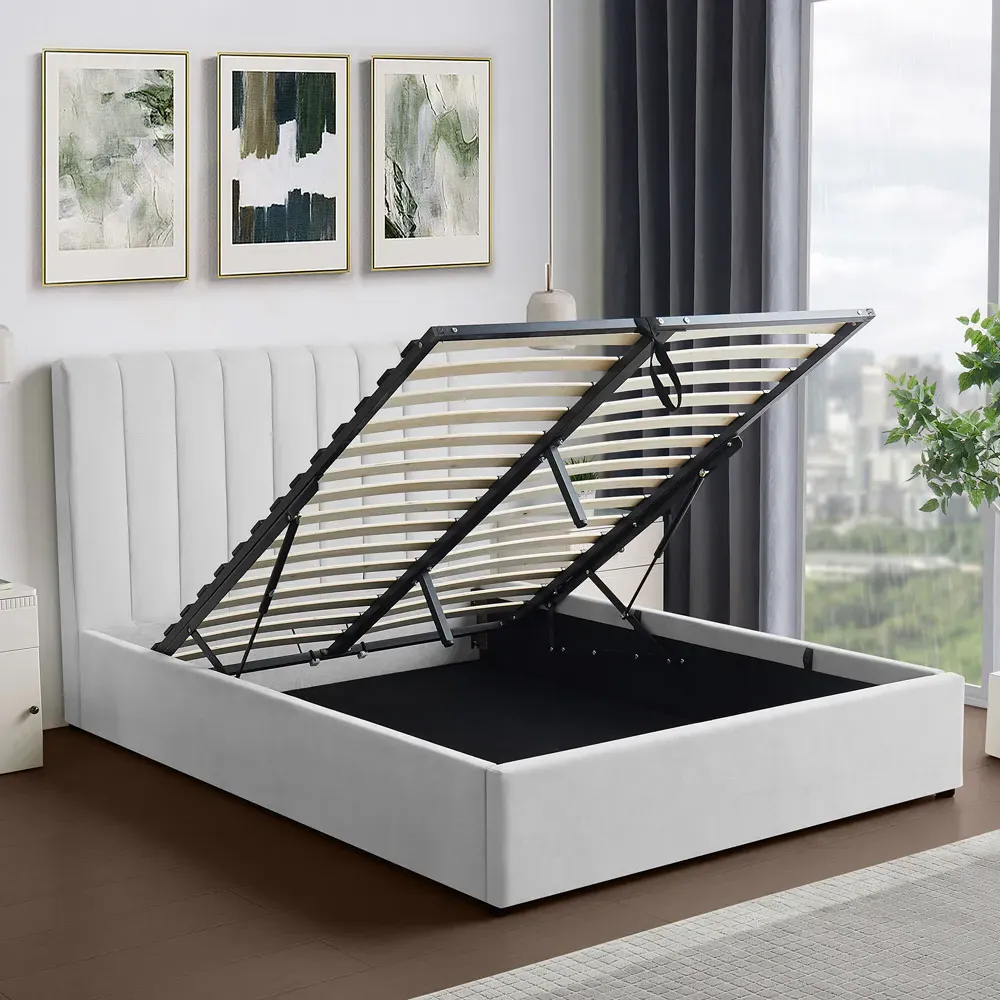 Evelynne King Size Ottoman Bed with Storage - Grey, Linen