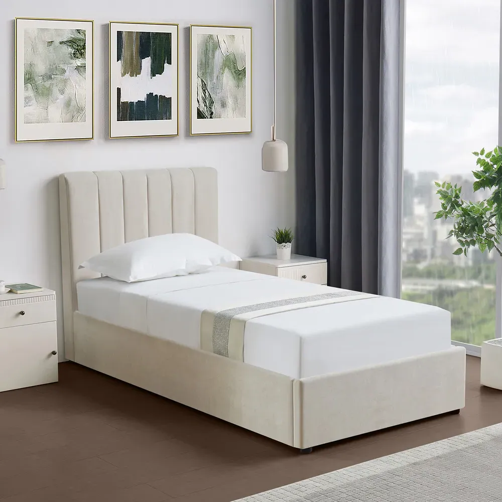 Evelynne Single Ottoman Bed with Storage - Beige, Linen