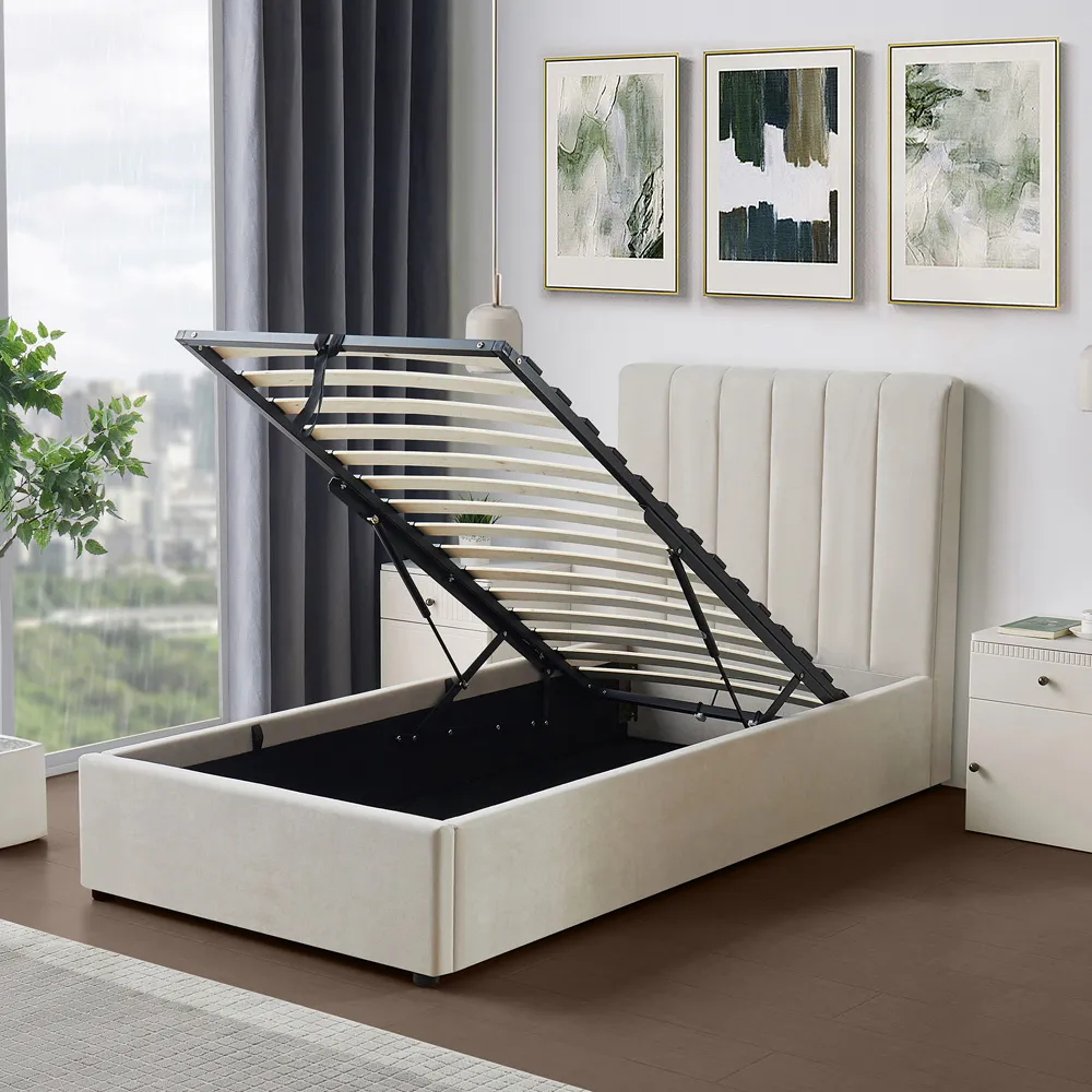 Evelynne Single Ottoman Bed with Storage - Beige, Linen