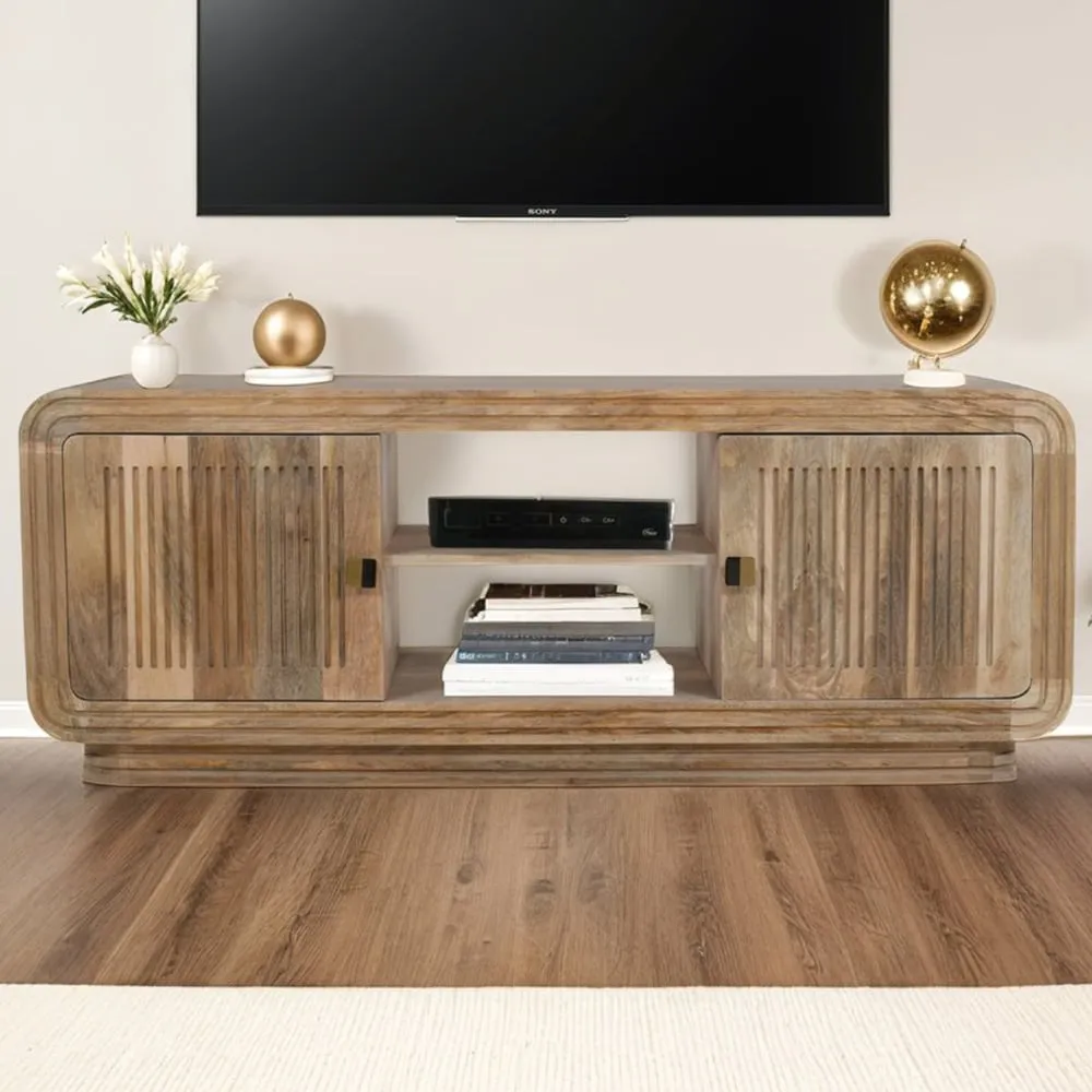 Hudson 2 Door 2 Shelf Carved Mango Wood TV Unit - Brown