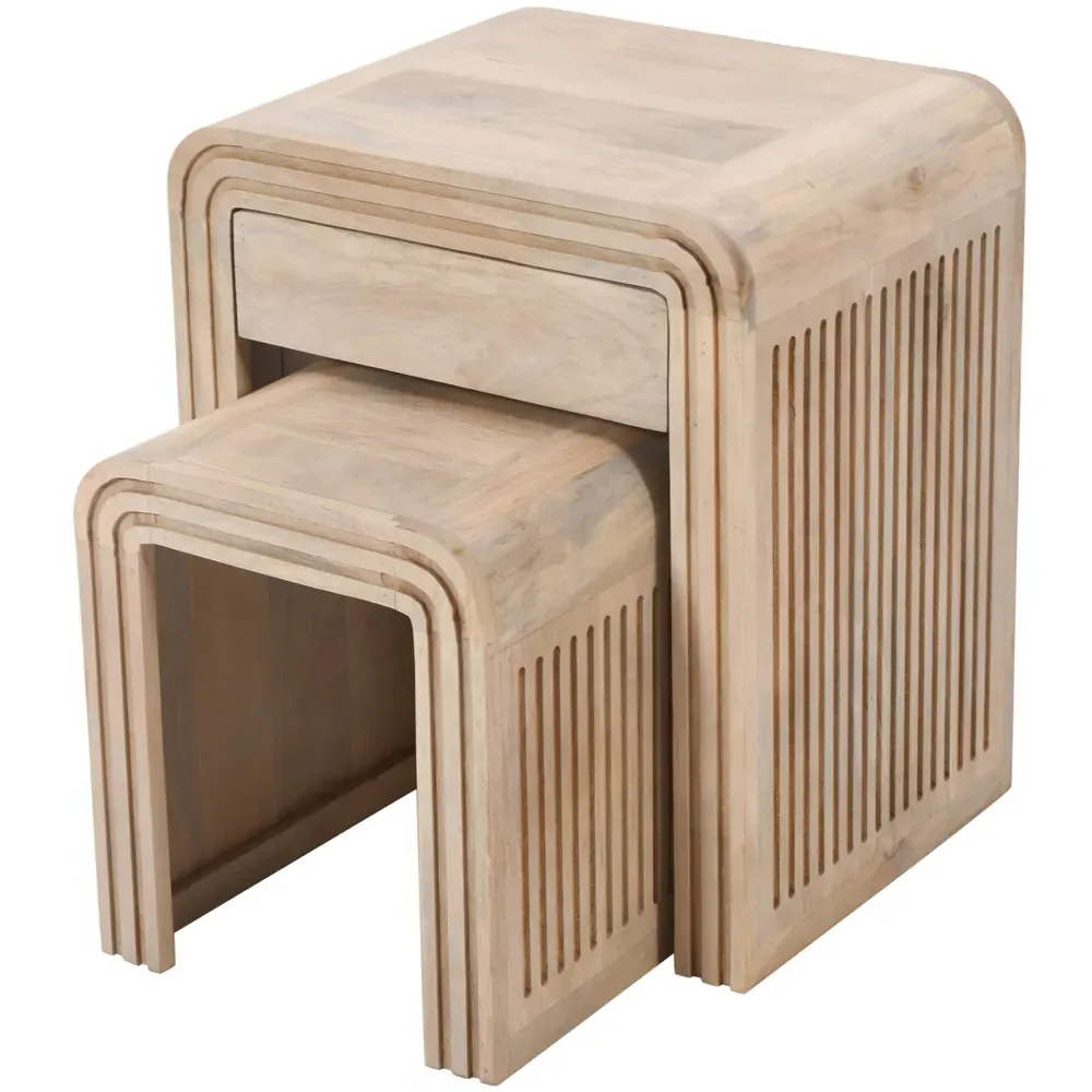 Hudson Single Drawer Carved Mango Wood Nest of Tables Set of 2 - Brown