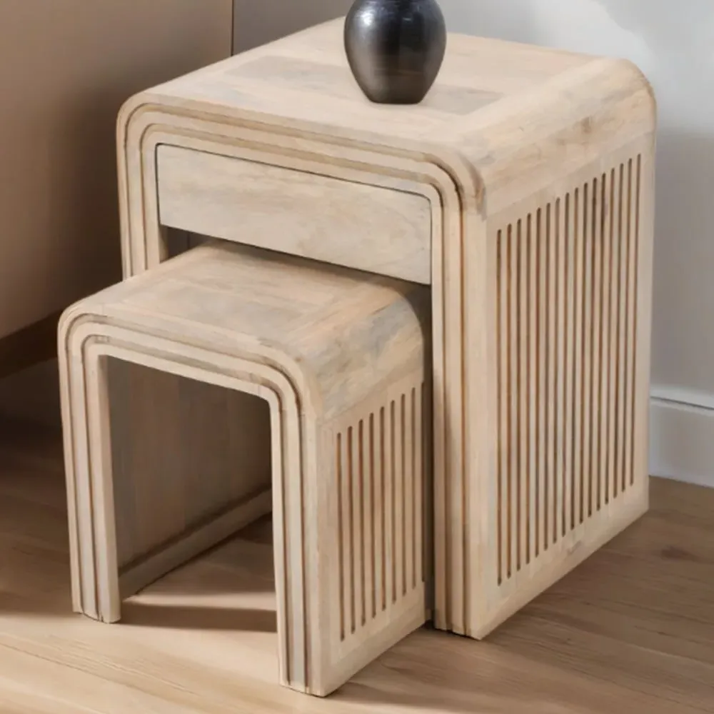 Hudson Single Drawer Carved Mango Wood Nest of Tables Set of 2 - Brown