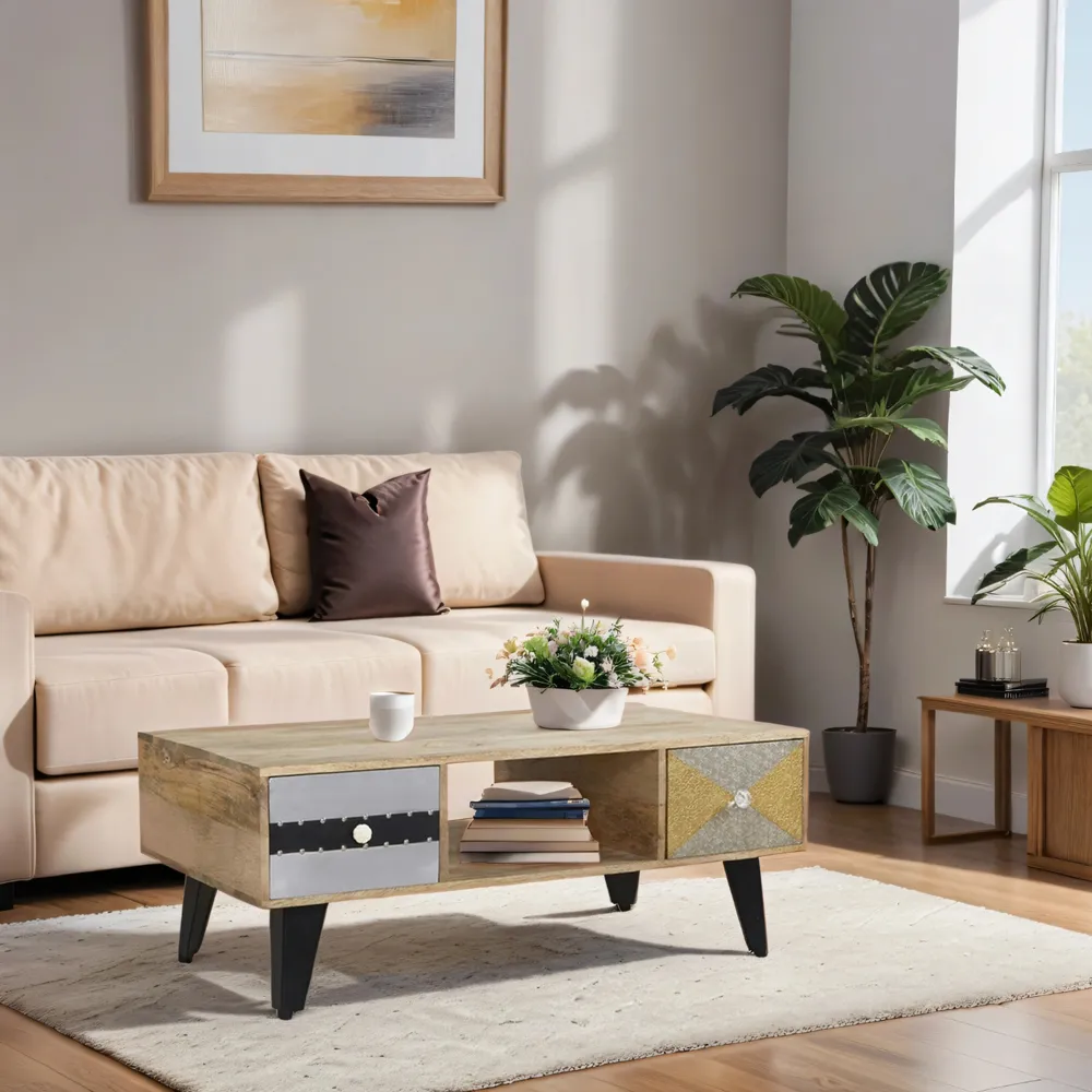 Monaco 2 Drawer Coffee Table with Shelf - Brown, Metal