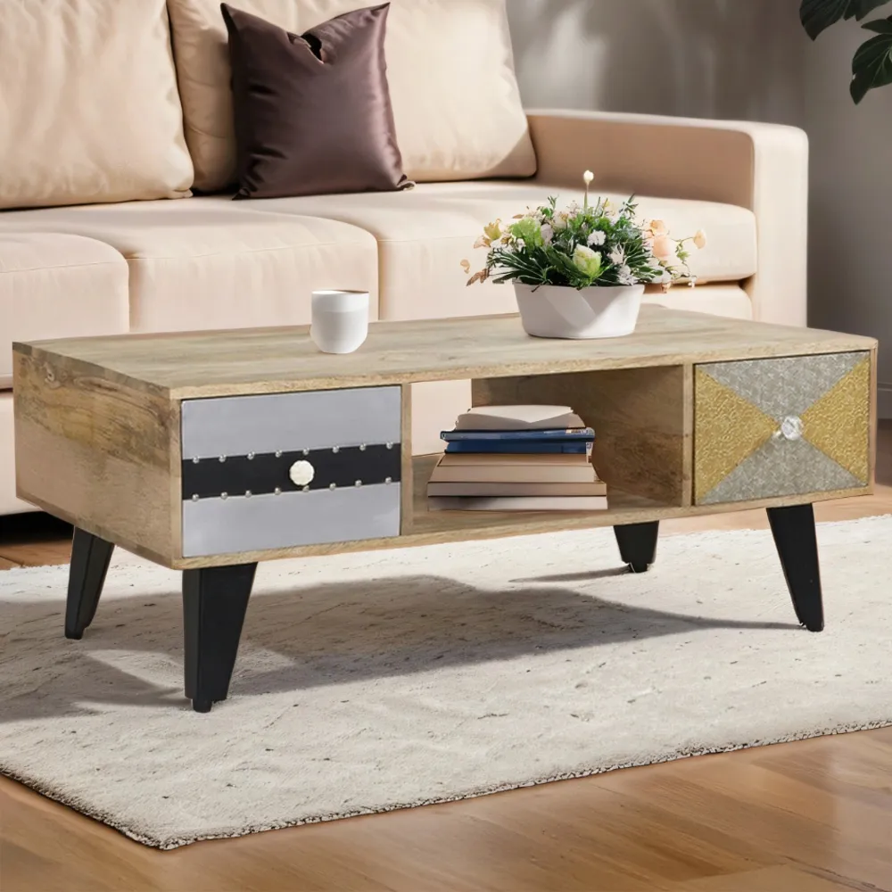 Monaco 2 Drawer Coffee Table with Shelf - Brown, Metal image