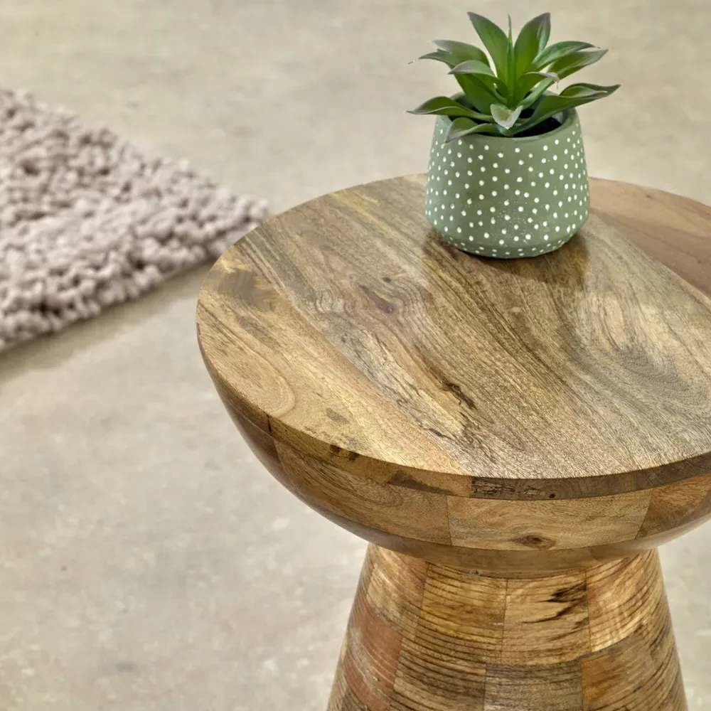 Mushroom Style Round Side Table - Brown, Solid Wood