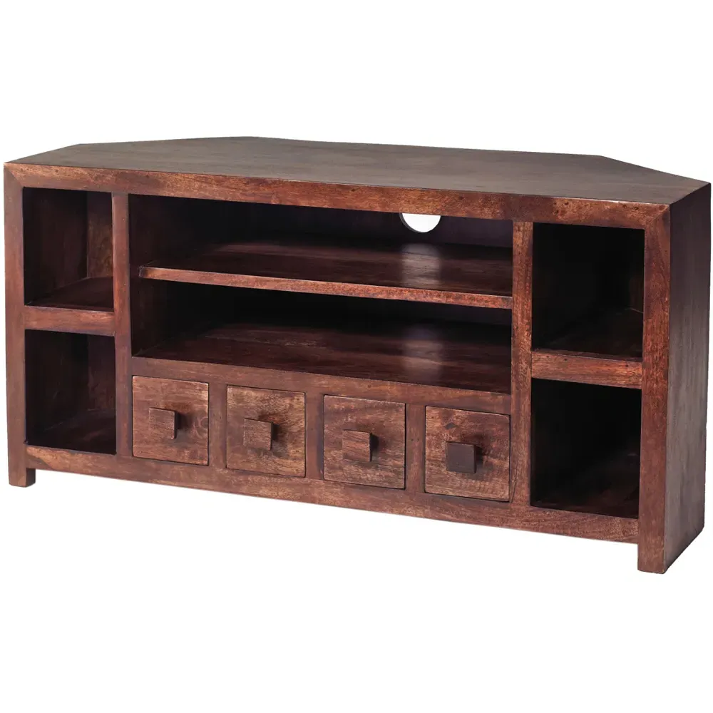Nihash Toko Corner TV Unit with Storage - Brown, Mango Wood