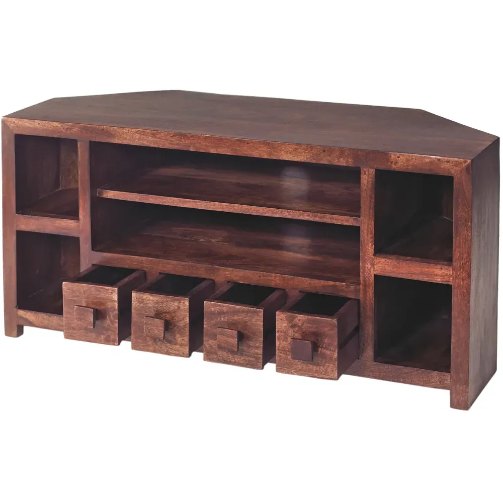 Nihash Toko Corner TV Unit with Storage - Brown, Mango Wood