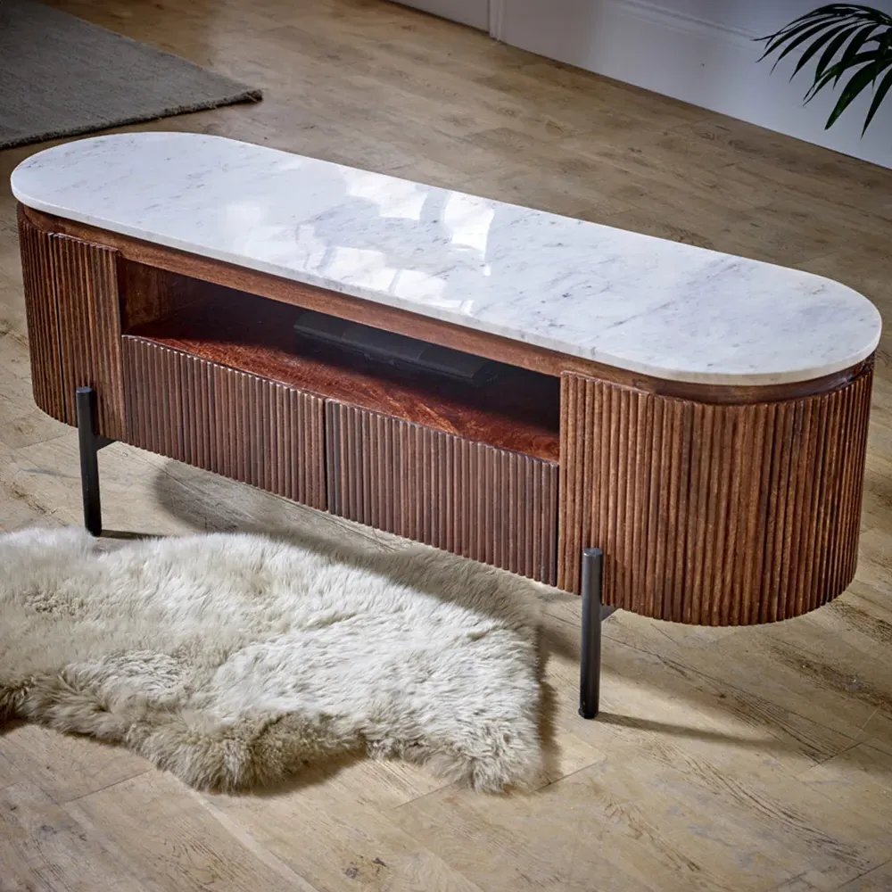 Opal 2 Door 2 Drawer TV Unit with Marble Top - Brown, Mango Wood