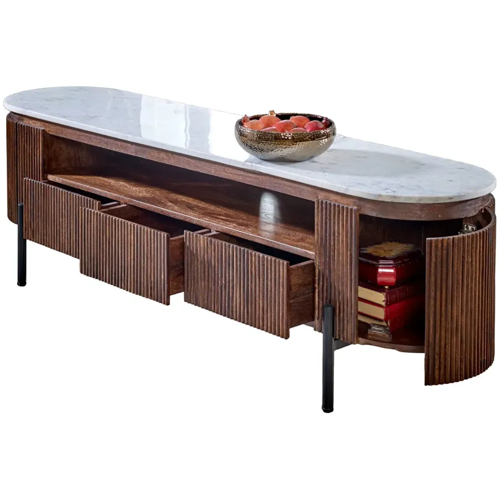 Opal 2 Door 3 Drawer TV Unit with Marble Top - Brown, Mango Wood