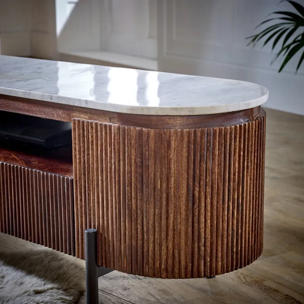 Opal 2 Door 3 Drawer TV Unit with Marble Top - Brown, Mango Wood