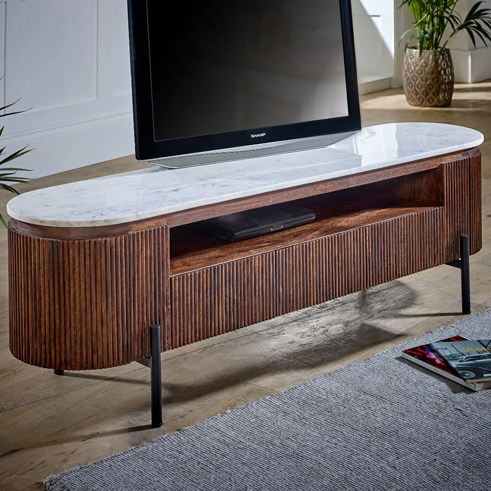 Opal 2 Door 3 Drawer TV Unit with Marble Top - Brown, Mango Wood