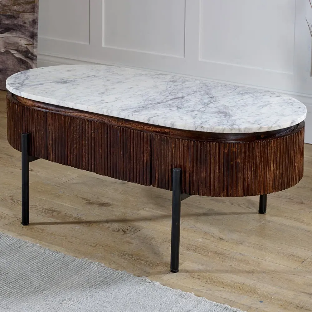 Opal Oval Coffee Table with 2 Drawers - Brown, Mango Wood