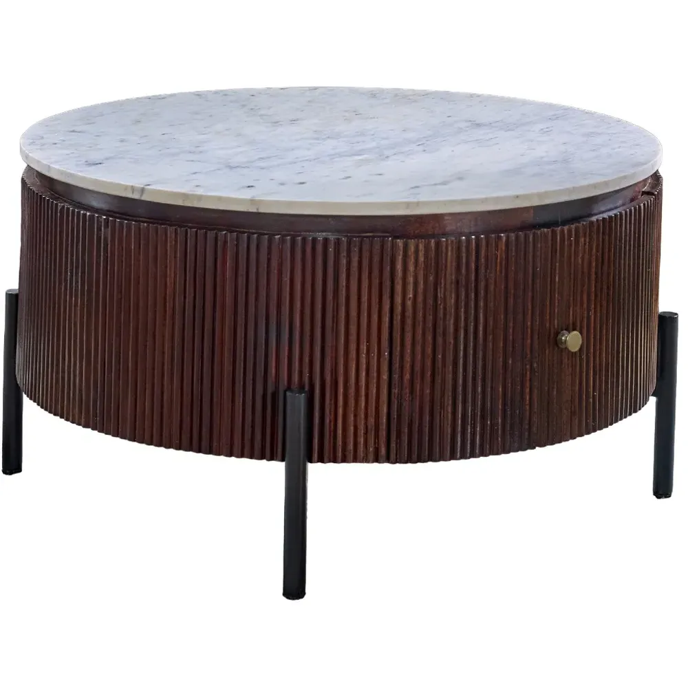 Opal Round Fluted Coffee Table with Drawer - Brown, Mango Wood