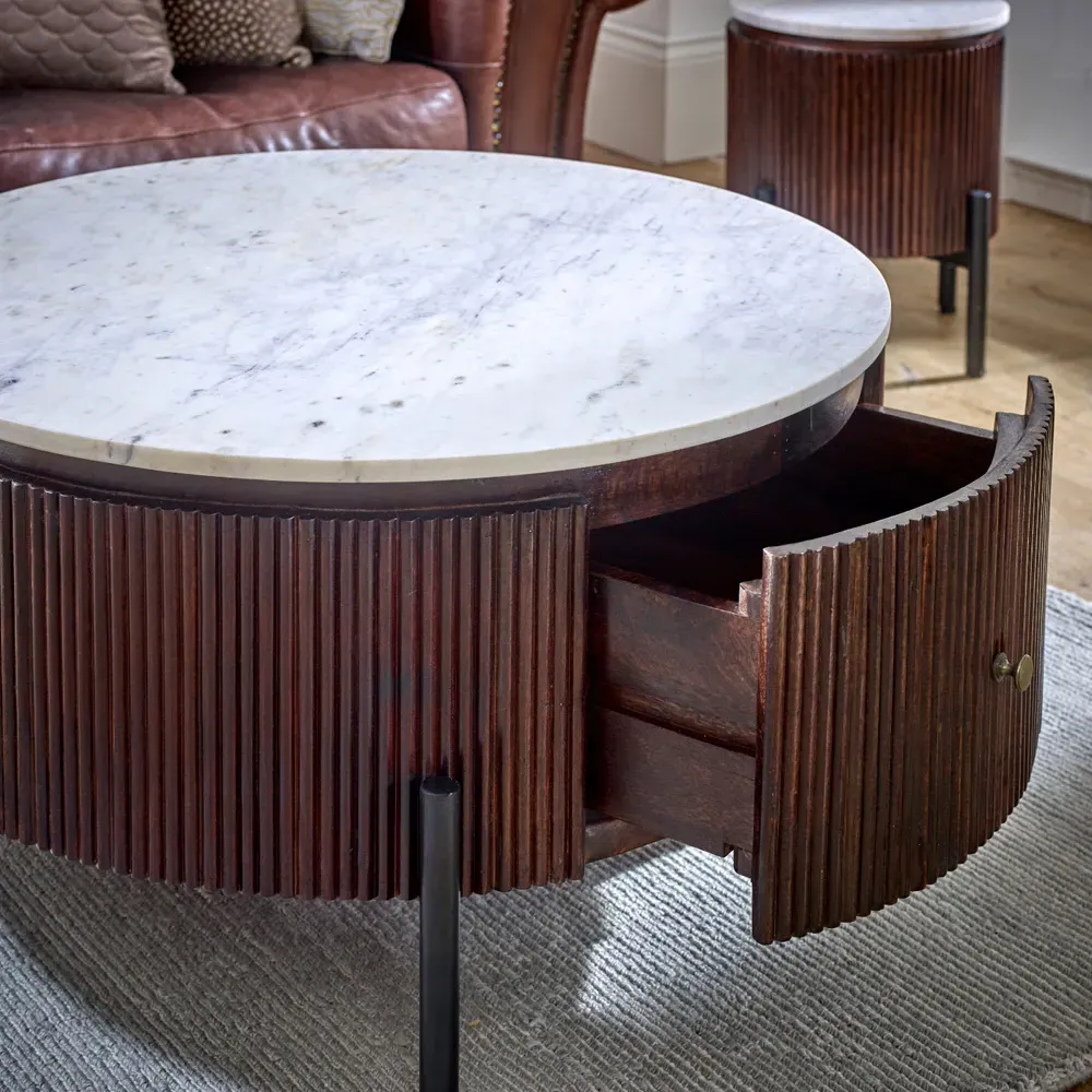 Opal Round Fluted Coffee Table with Drawer - Brown, Mango Wood