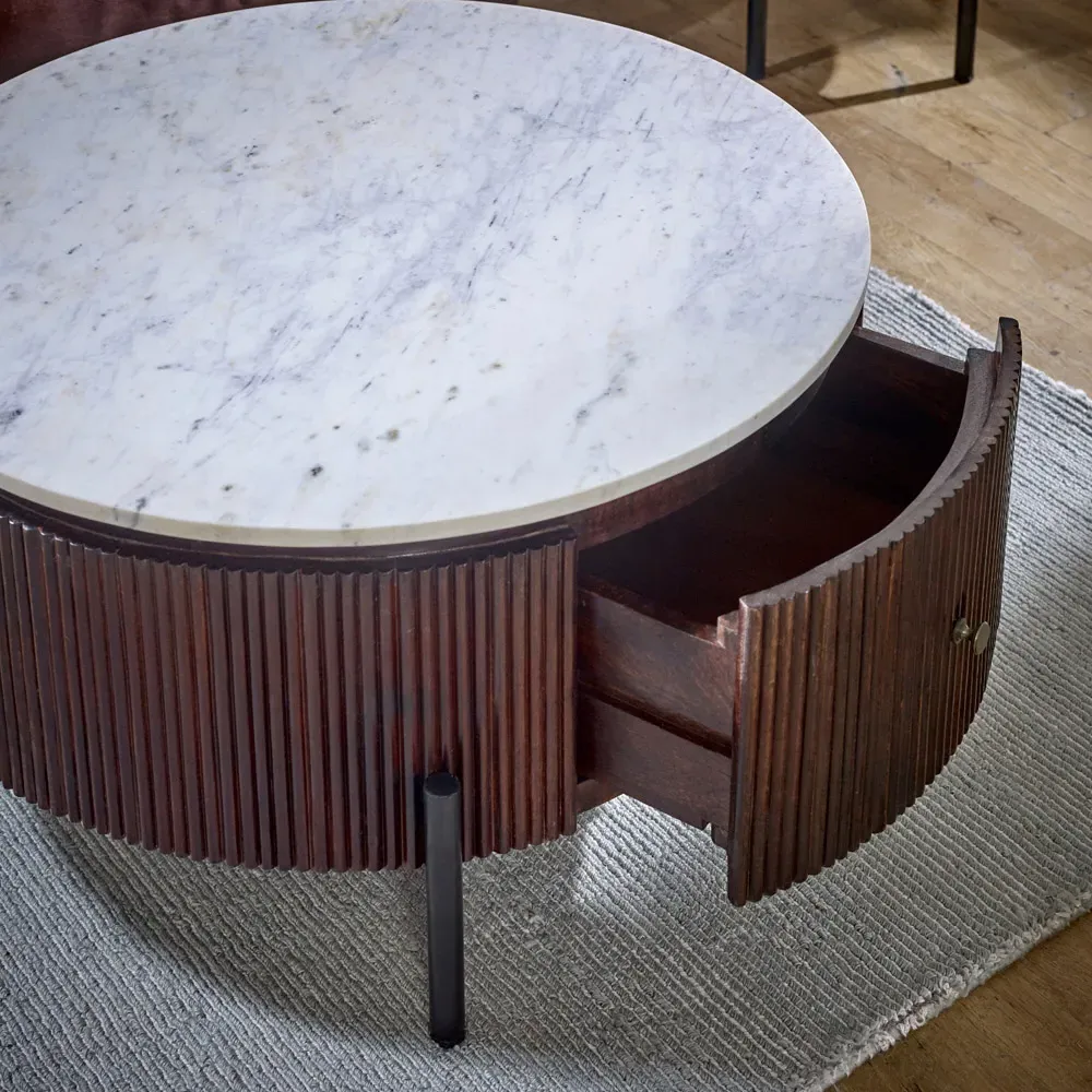 Opal Round Fluted Coffee Table with Drawer - Brown, Mango Wood