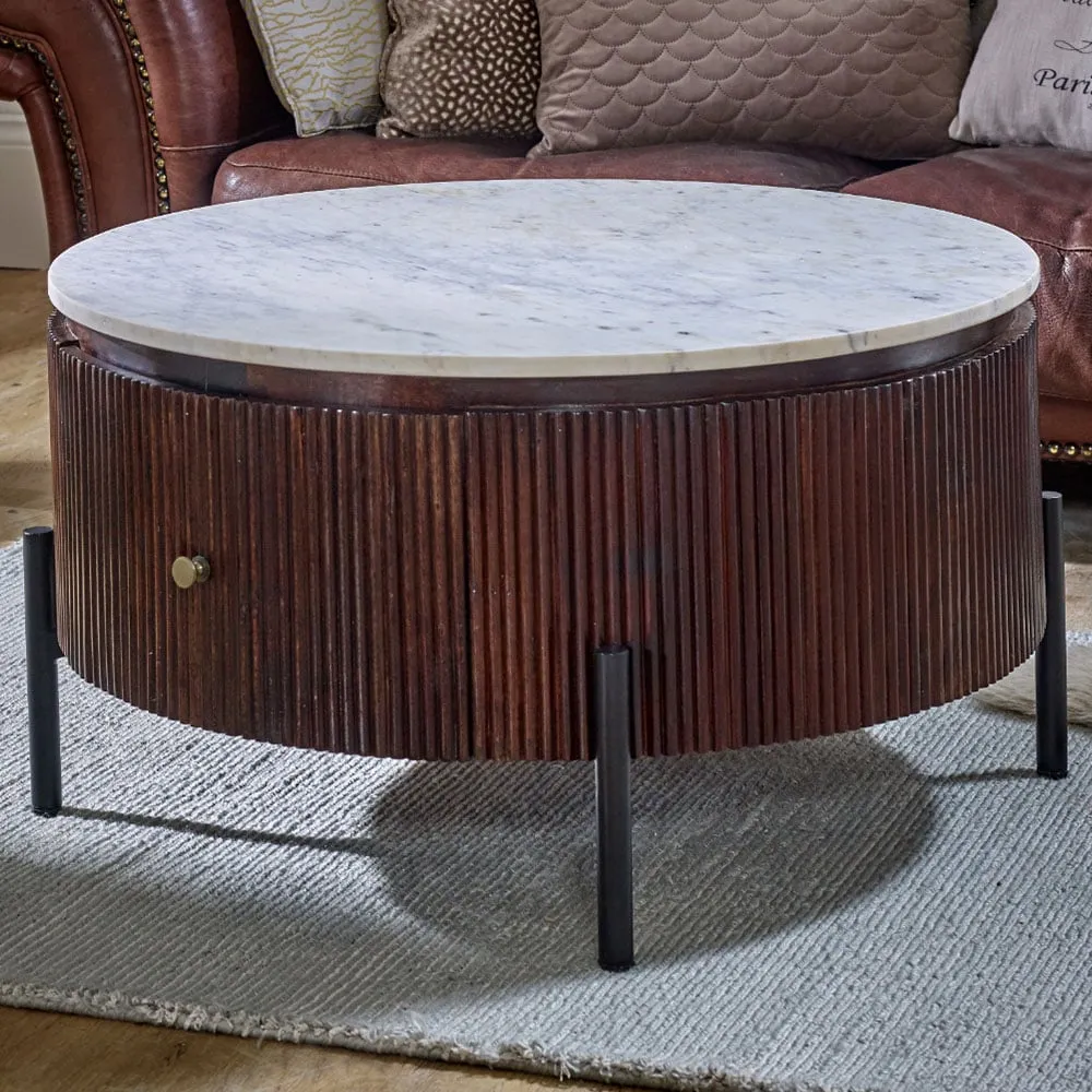 Opal Round Fluted Coffee Table with Drawer - Brown, Mango Wood