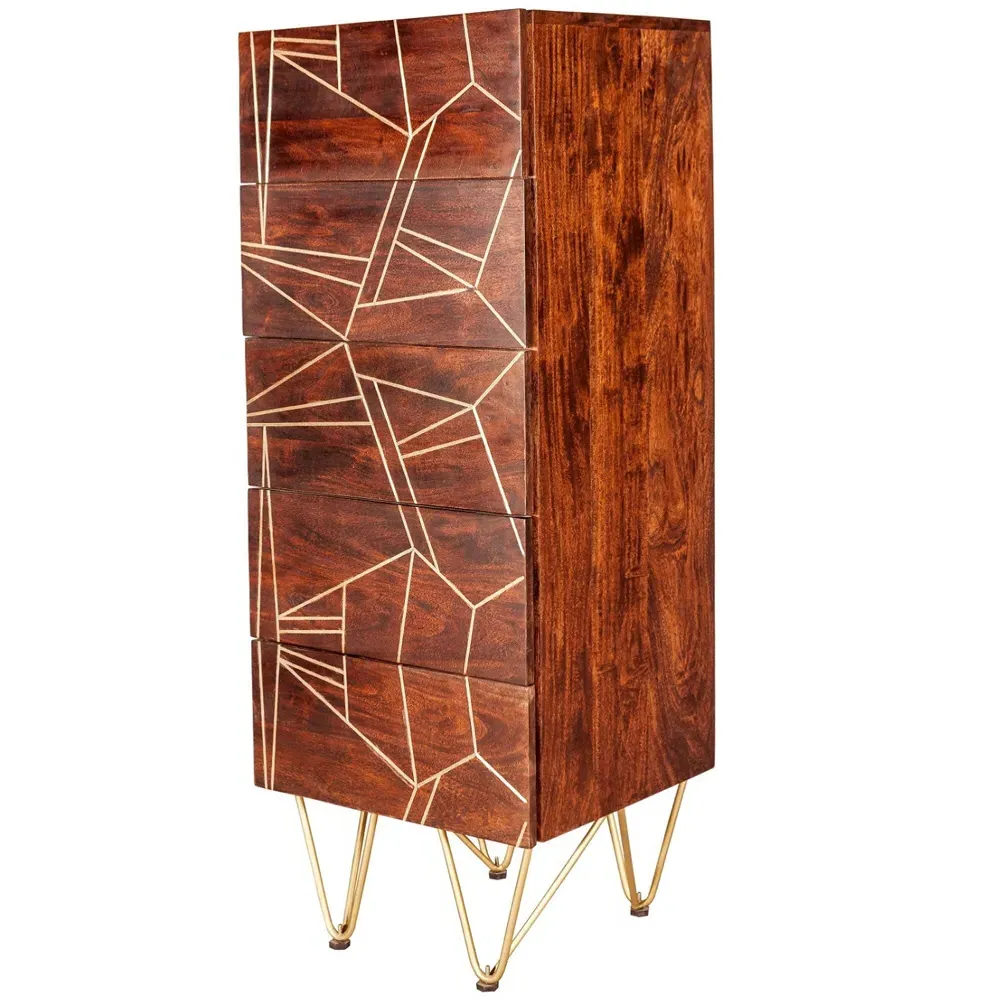 Ozella 5 Drawer Tall Chest of Drawers - Dark Gold, Wood