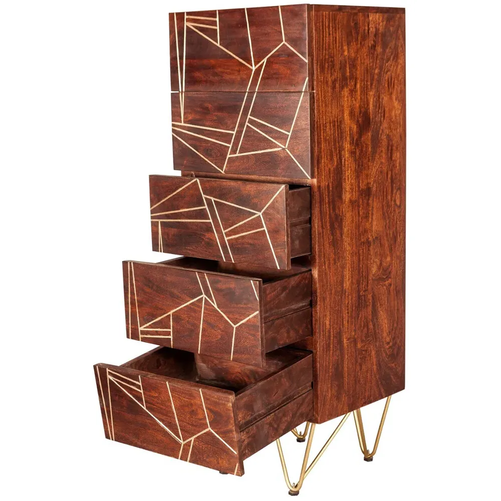 Ozella 5 Drawer Tall Chest of Drawers - Dark Gold, Wood