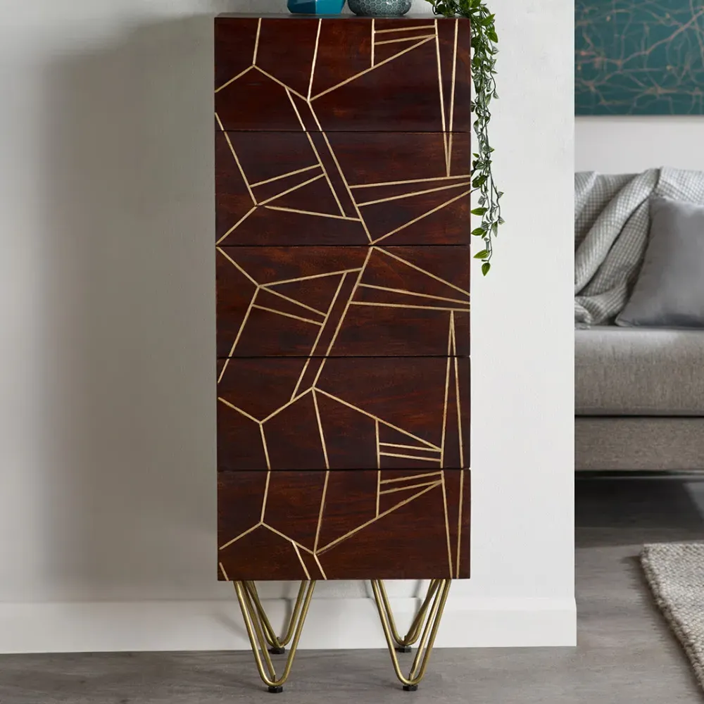 Ozella 5 Drawer Tall Chest of Drawers - Dark Gold, Wood