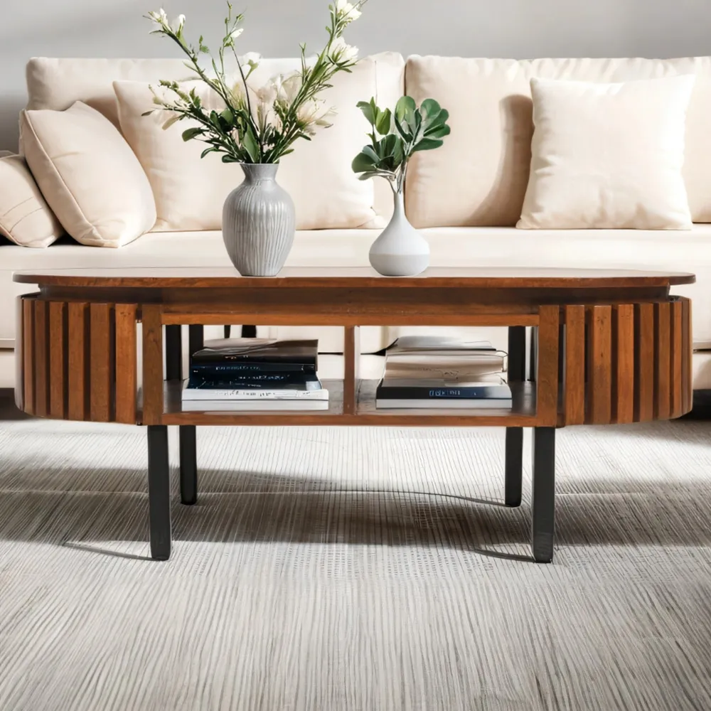 Slatted 2 Shelf Rectangular Coffee Table - Brown, Mango Wood