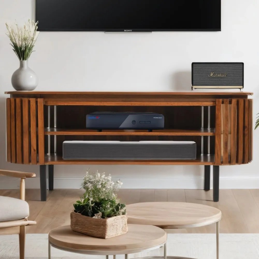 Slatted 2 Shelf TV Cabinet - Brown, Mango Wood