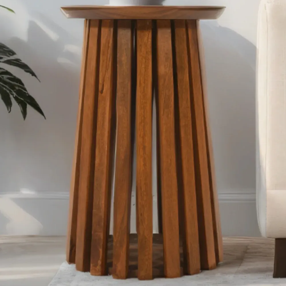 Slatted Round Side Table - Brown, Mango Wood image