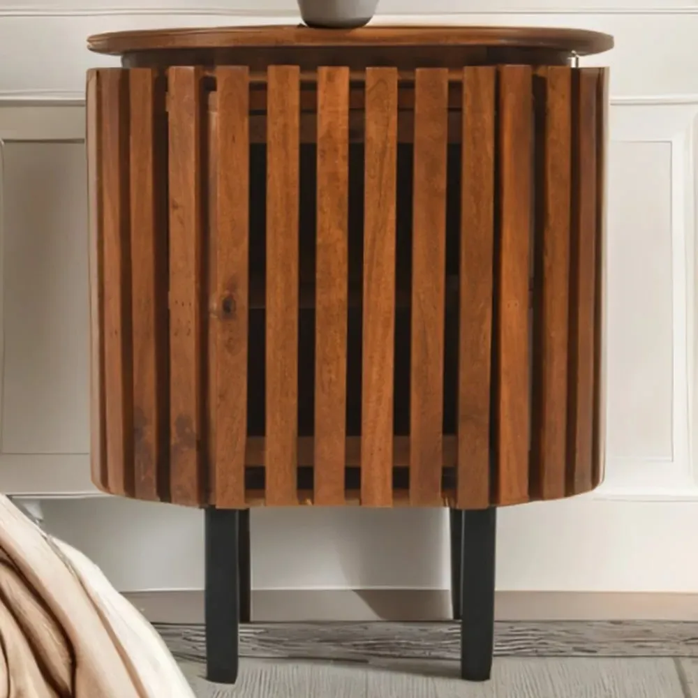 Slatted Single Door Bedside Table - Brown, Mango Wood