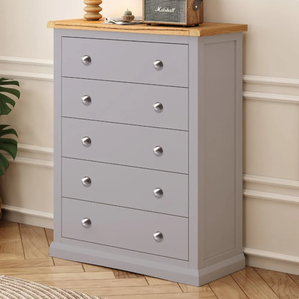 Rocca 5 Drawer Chest of Drawers - Grey, Solid Wood