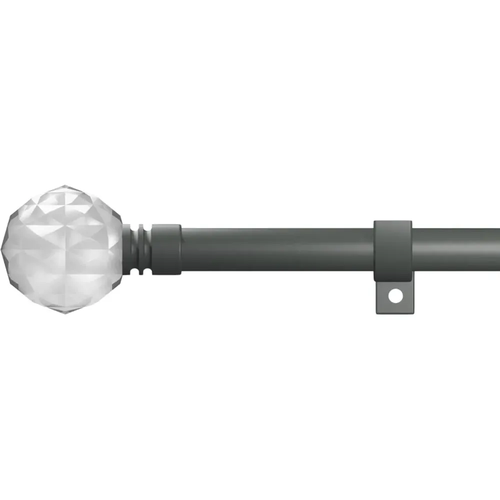 Extendable Metal Eyelet Curtain Pole with Crystal Finials - Grey