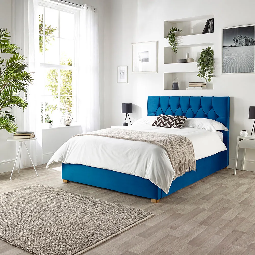 Boutique Double Ottoman Bed with Storage - Blue, Velvet