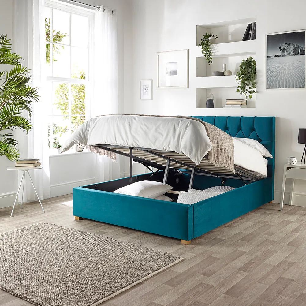 Boutique Double Ottoman Bed with Storage - Green, Velvet
