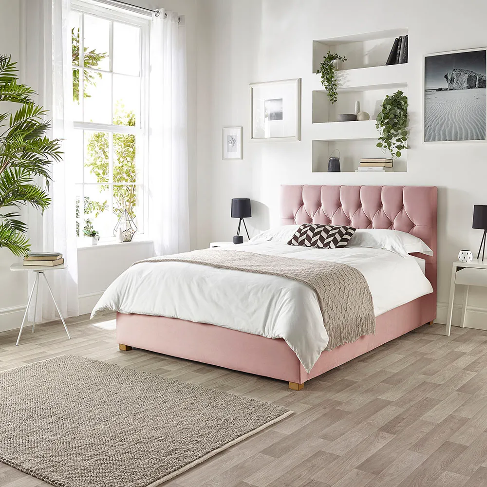 Boutique Double Ottoman Bed with Storage - Pink, Velvet