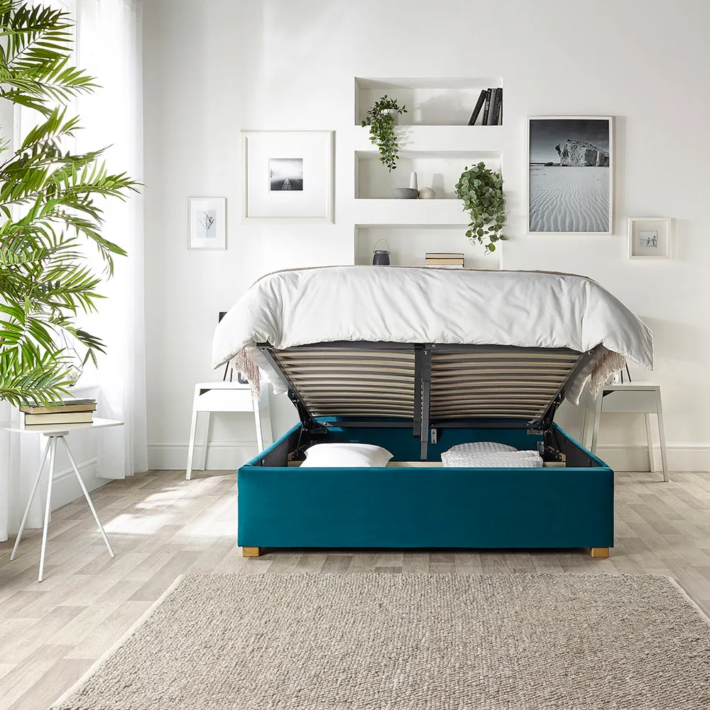 Boutique King Size Ottoman Bed with Storage - Green, Velvet