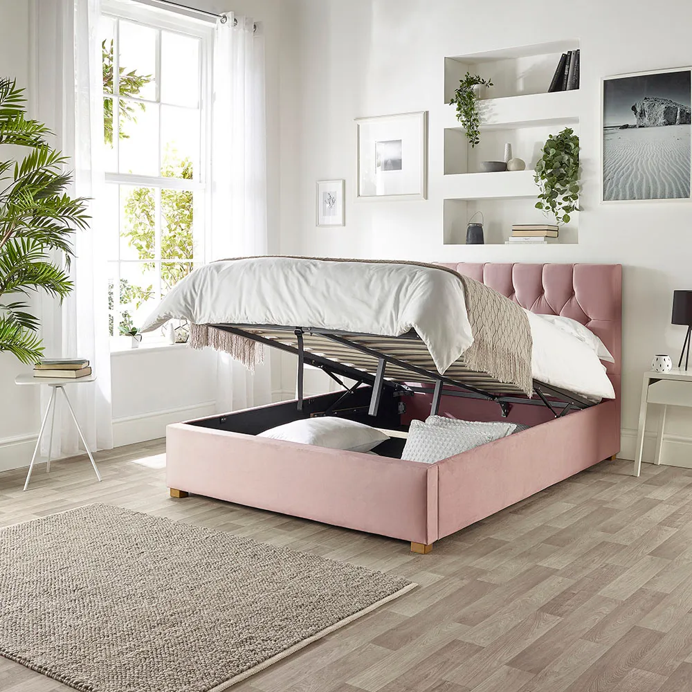 Boutique Small Double Ottoman Bed - Blush, Velvet
