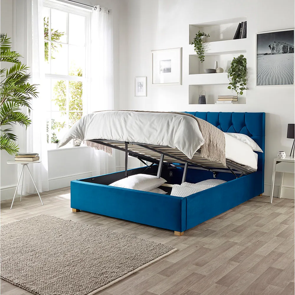 Boutique Small Double Ottoman Bed with Storage - Navy, Velvet
