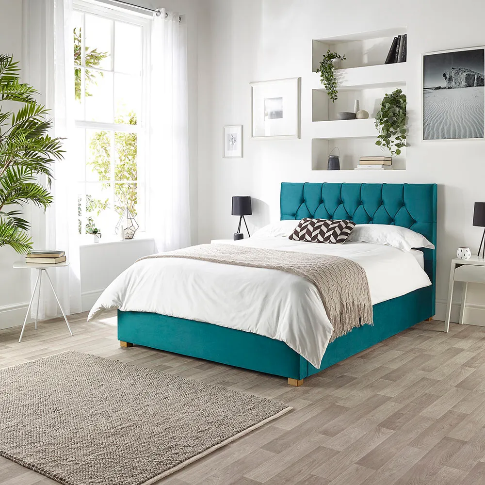 Boutique Super King Size Ottoman Bed with Storage - Green, Velvet