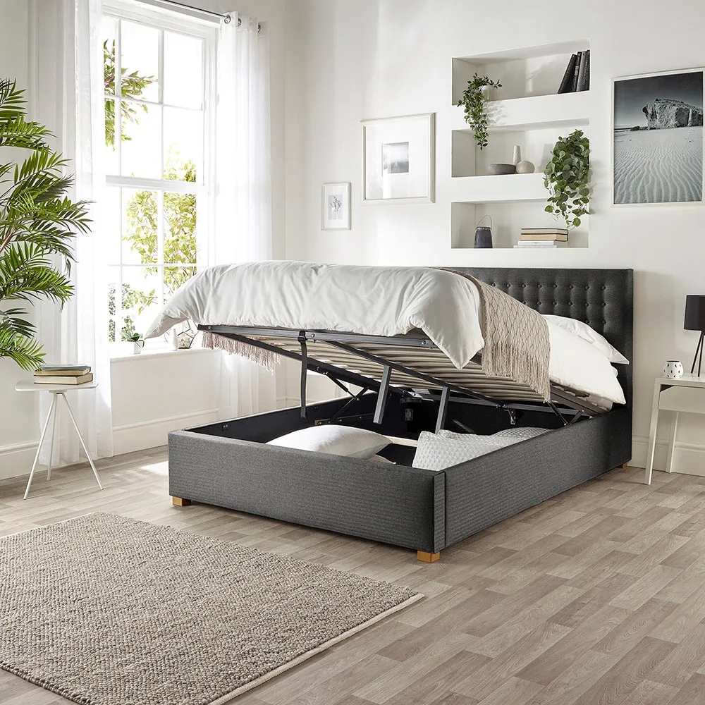 Opulence Single Ottoman Bed with Storage - Charcoal, Twill