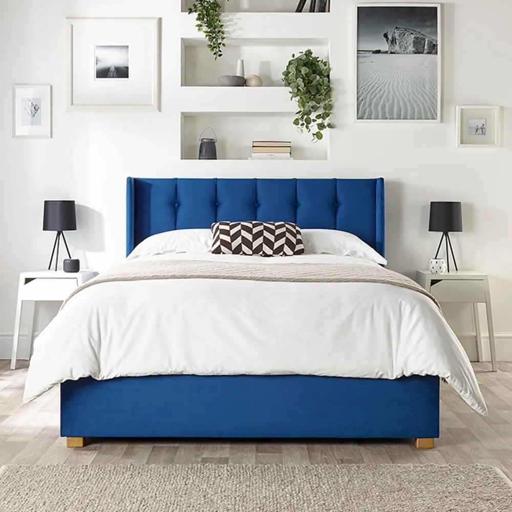 Utopia King Size Ottoman Wing Bed with Storage - Navy, Velvet