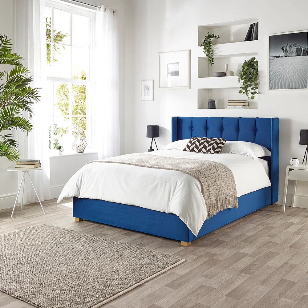 Utopia Small Double Ottoman Wing Bed with Storage - Navy, Velvet