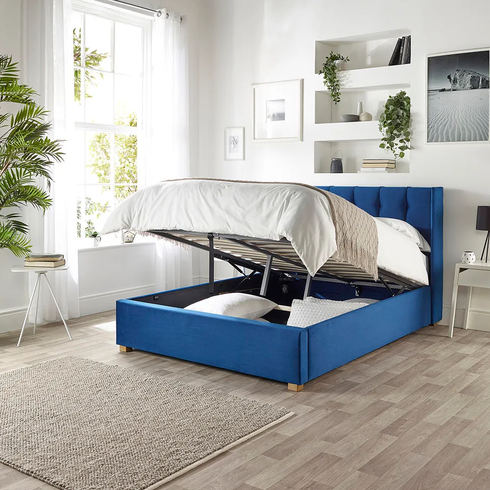 Utopia Super King Ottoman Wing Bed with Storage - Navy, Velvet