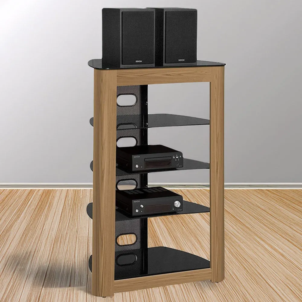 Zinnia 5 Shelf TV Stand - Black Glass, Oak