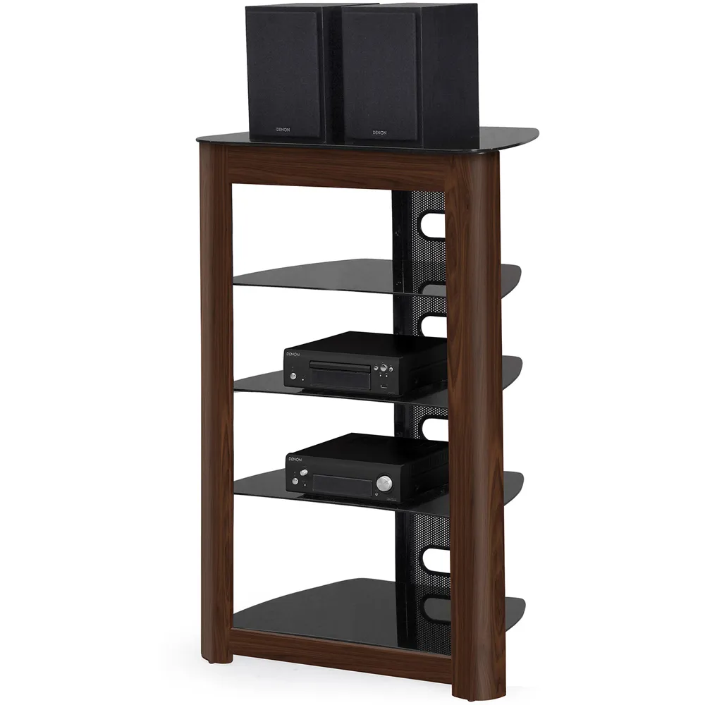 Zinnia 5 Shelf TV Stand - Black Glass, Walnut